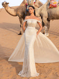 Luxury Off Shoulder Tulle Overlay Mermaid Hem Beaded Seuqin Evening Dress