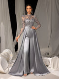 Luxe Sequin-Trimmed Jumpsuit with Glittering Bodice & Satin Wide-Leg Pants for Evening Glam, XS-XL