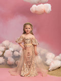 Young Girls' Sweetheart Collar Puff Sleeves Mesh Overlay Sequin Dress