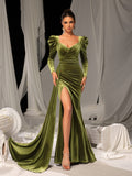 Elegant Velvet Gown with Thigh-High Slit & Puff Sleeves – Luxury Evening Wear for Red Carpet, Gala Dinners & High-End Cocktail Parties, XS-XL
