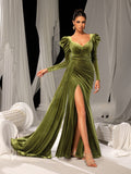 Elegant Velvet Gown with Thigh-High Slit & Puff Sleeves – Luxury Evening Wear for Red Carpet, Gala Dinners & High-End Cocktail Parties, XS-XL