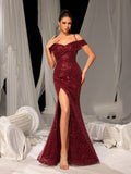 Elegant Sequined Off-Shoulder Gown with High Slit – Luxury Evening Wear for Red Carpet, Gala Dinners & Formal Weddings, XS-XL