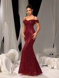 Elegant Sequined Off-Shoulder Gown with High Slit – Luxury Evening Wear for Red Carpet, Gala Dinners & Formal Weddings, XS-XL