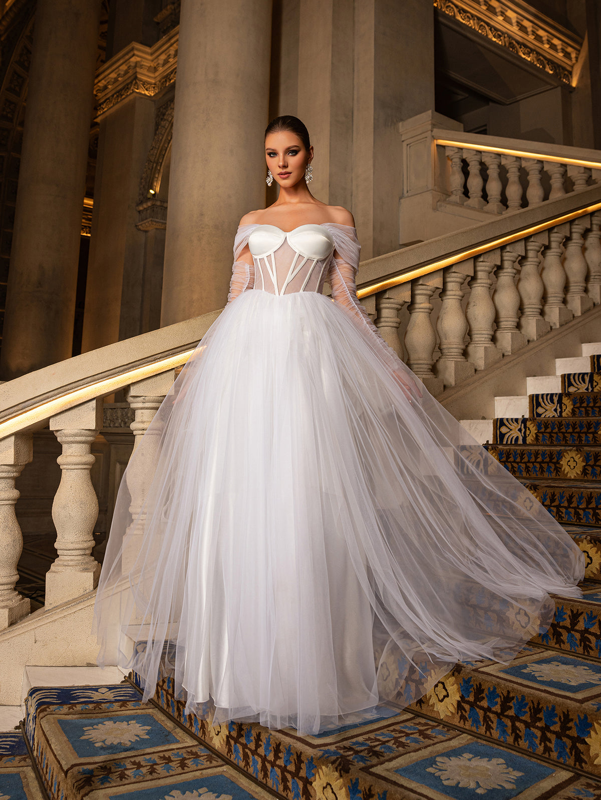 Elegant Off Shoulder Sheer Sleeves Tulle Evening Gown Wedding Dress
