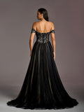Gorgeous Off Shoulder Lace Bodice Contrast Tulle Hem Evening Gown Wedding Dress
