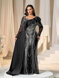 Plus Asymmetrical Ruffle Trim Mermaid Hem Graphic Sequin Formal Dress Evening Dress