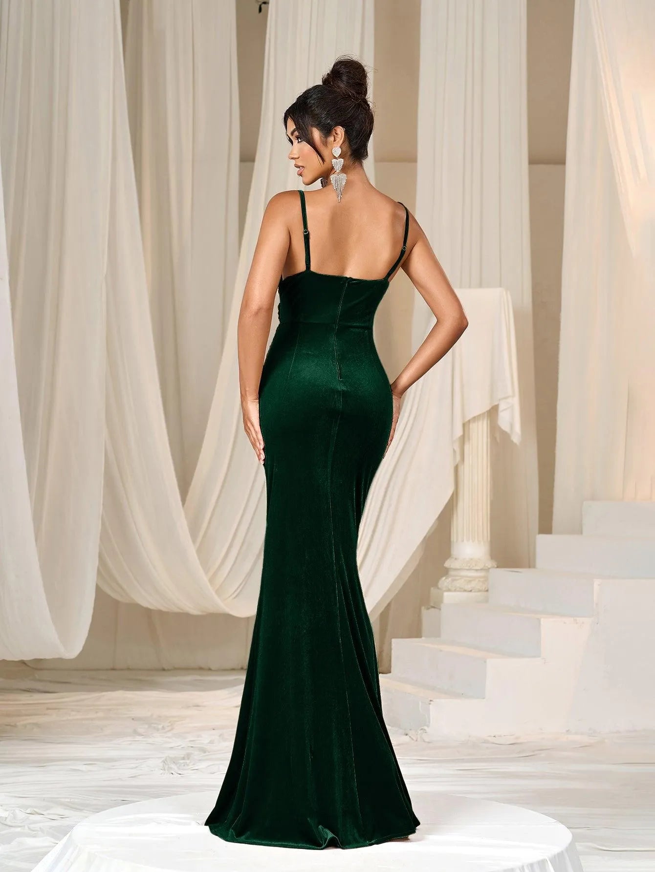 Spaghetti Strap Surplice Neck Split Thigh Velvet Dresses - Elonnashop