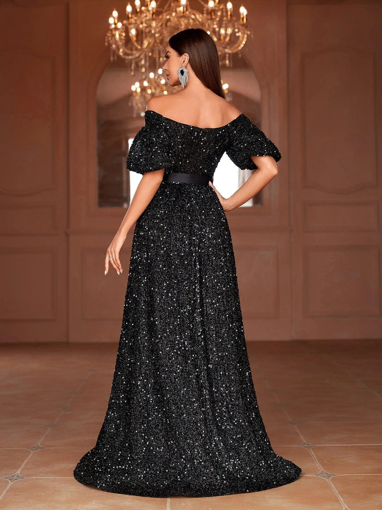 Off Shoulder Puff Sleeves Sequin A Line Dresses - Elonnashop