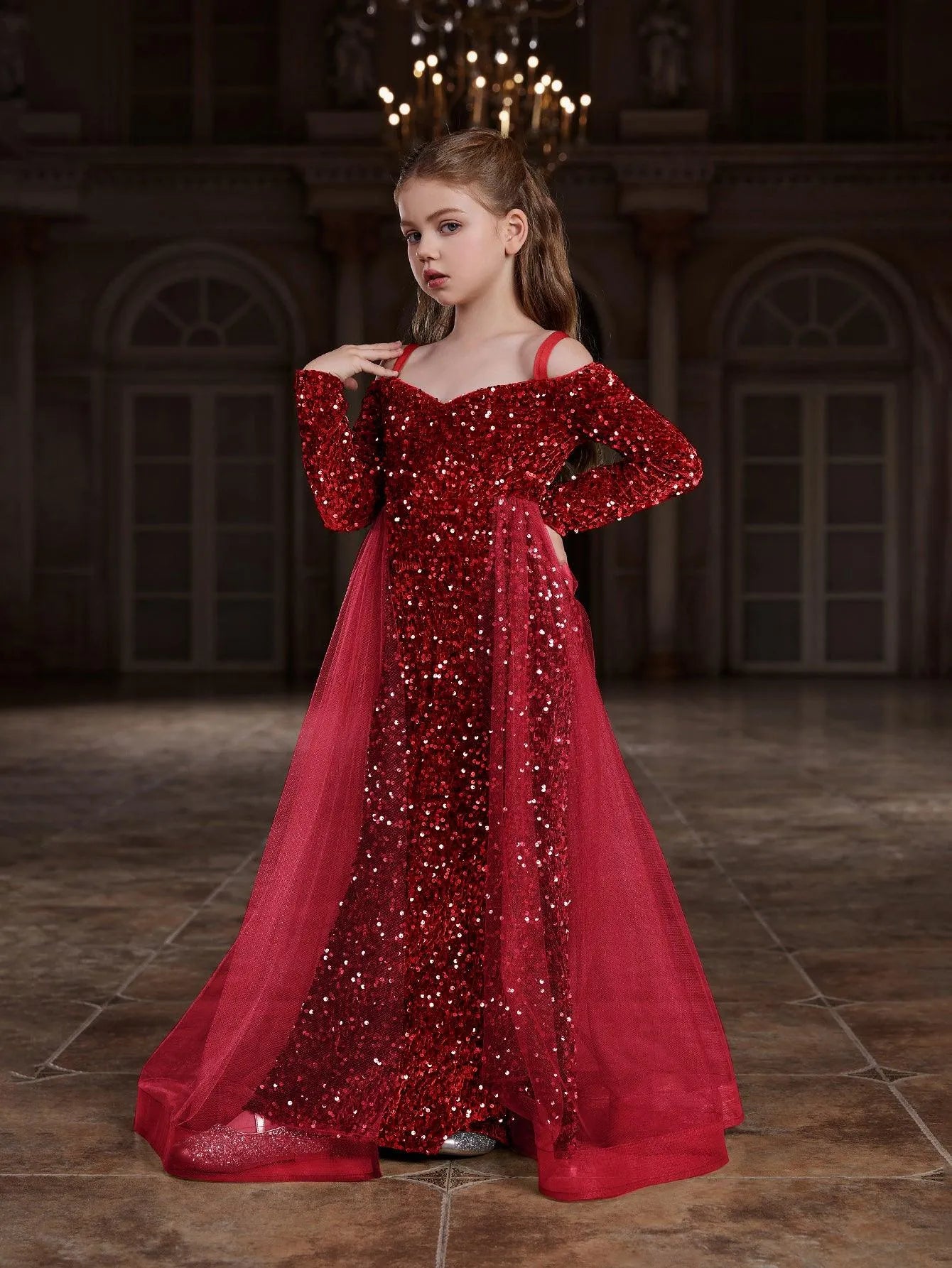 Tween Girls' Off Shoulder Mesh Overlay Sequin Prom Dress - Elonnashop