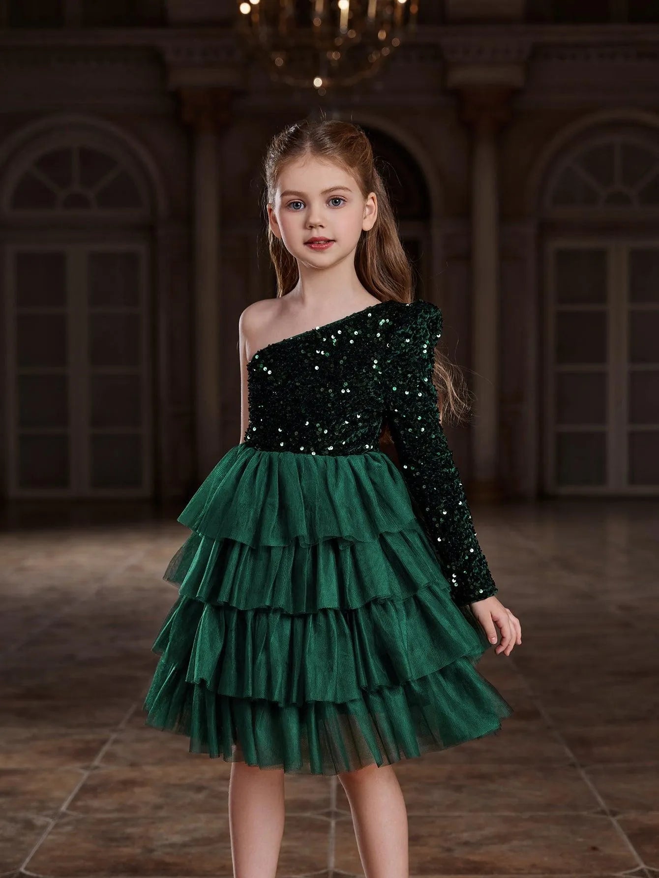 Tween Girls' One Shoulder Mesh Lyaered Hem Party Dress - Elonnashop