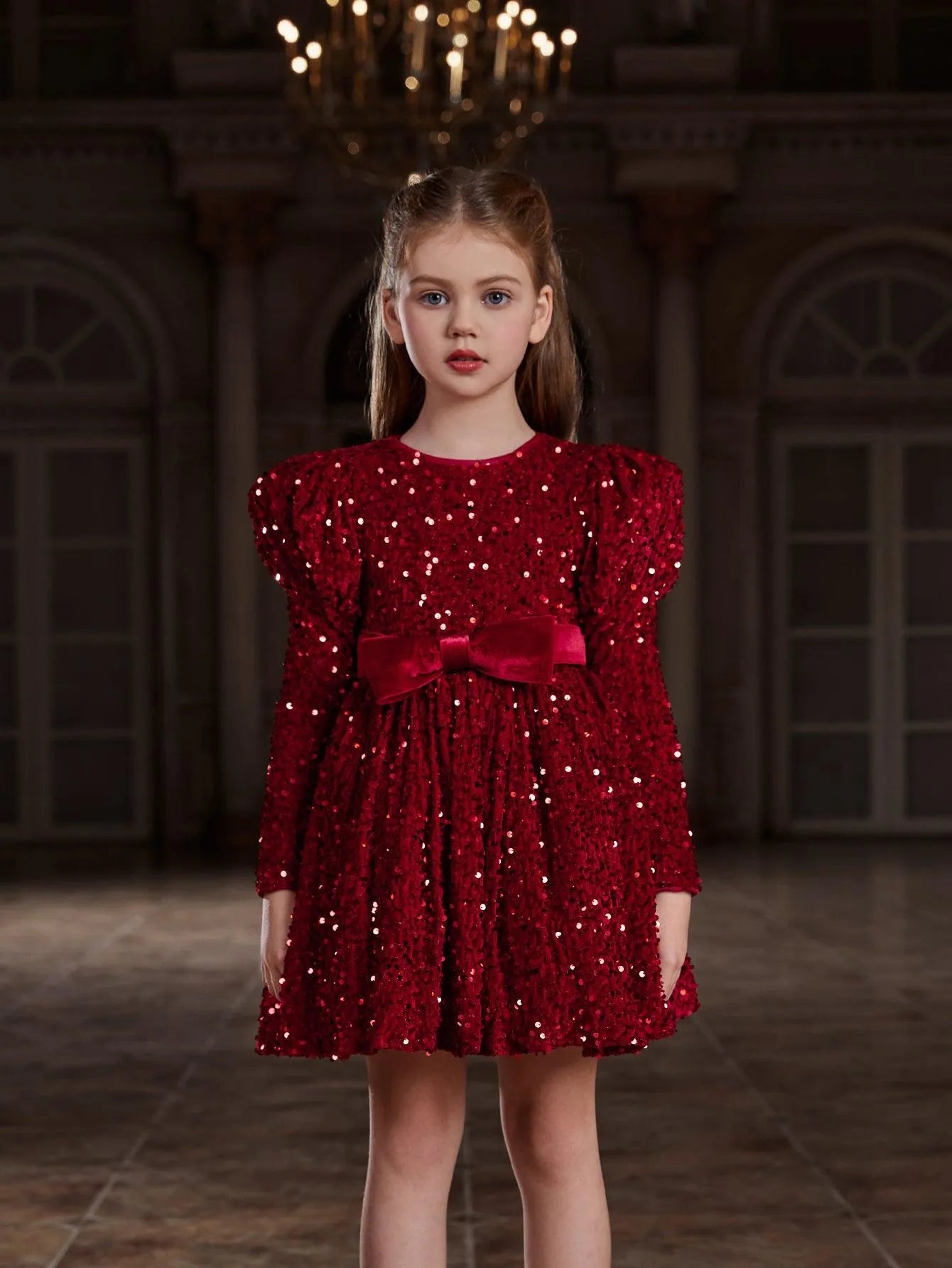 Tween Girls' Gigot Sleeve Bow Decor Sequin Midi Dress - Elonnashop