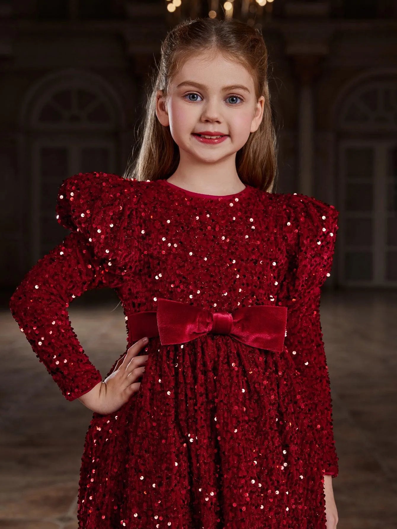 Tween Girls' Gigot Sleeve Bow Decor Sequin Midi Dress - Elonnashop