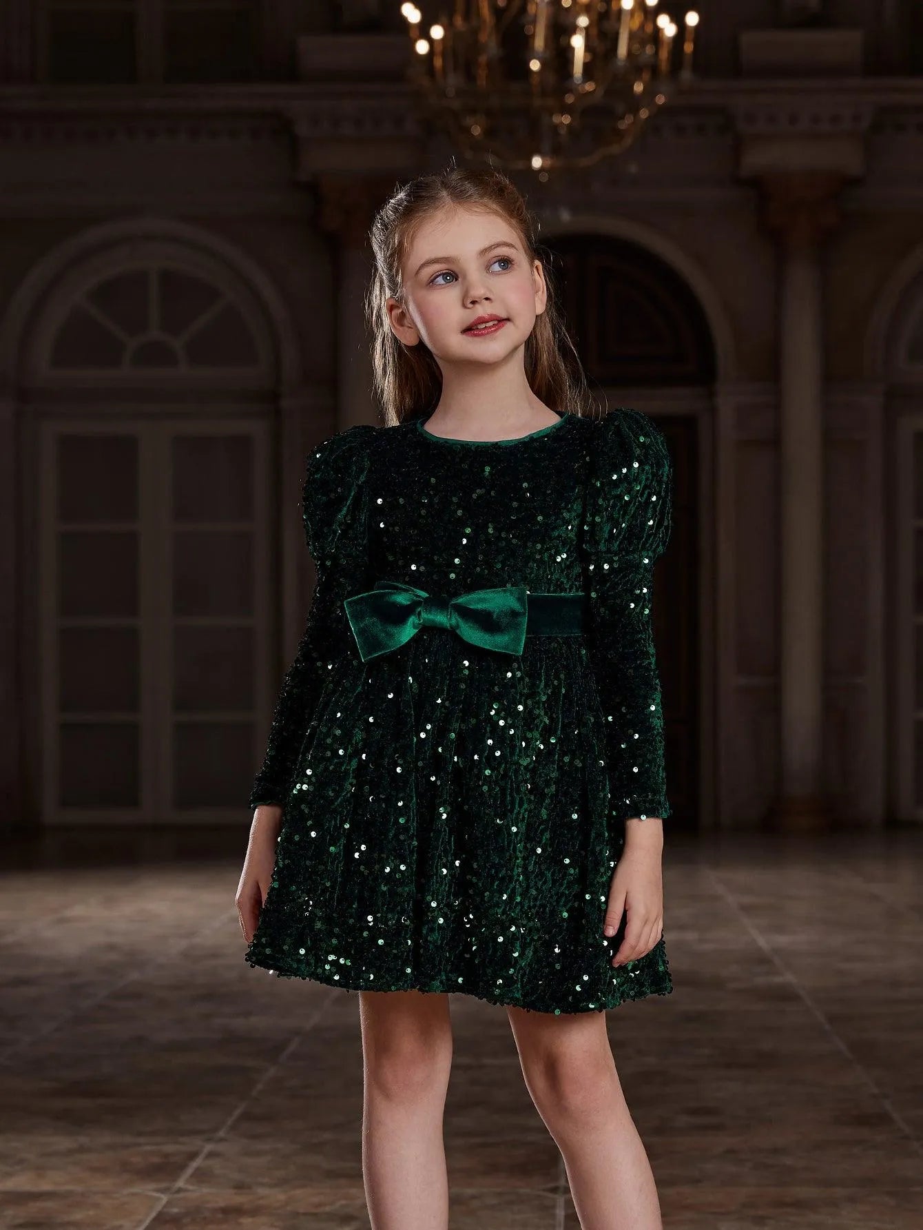 Tween Girls' Gigot Sleeve Bow Decor Sequin Midi Dress - Elonnashop