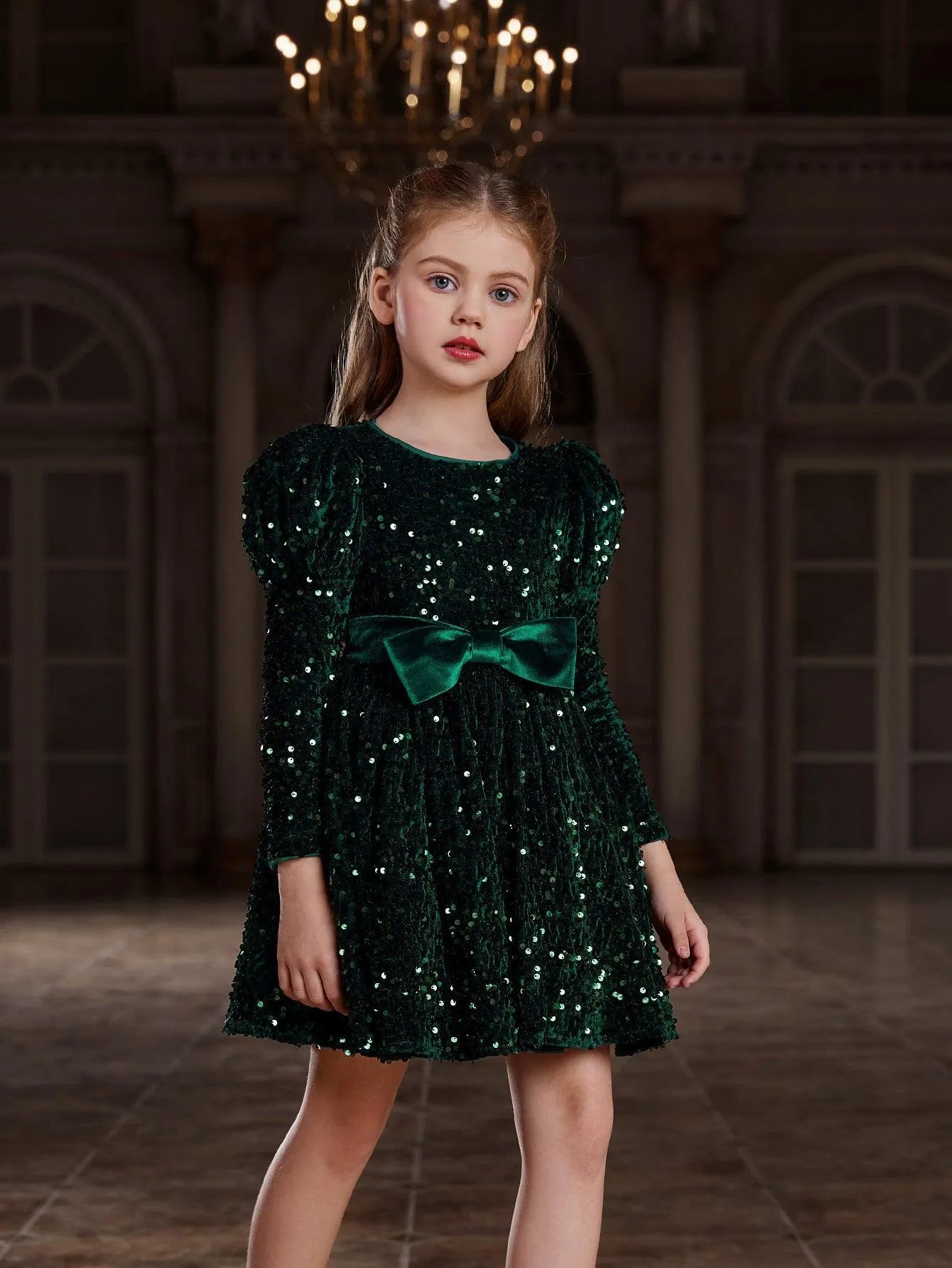 Tween Girls' Gigot Sleeve Bow Decor Sequin Midi Dress - Elonnashop