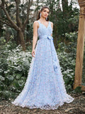 Elegant Floral Applique Tulle V Neck Sleeveless Evening Dress - Elonnashop