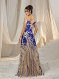 Elegant Off Shoulder Graphic Sequin Formal Prom Dress Evening Dress