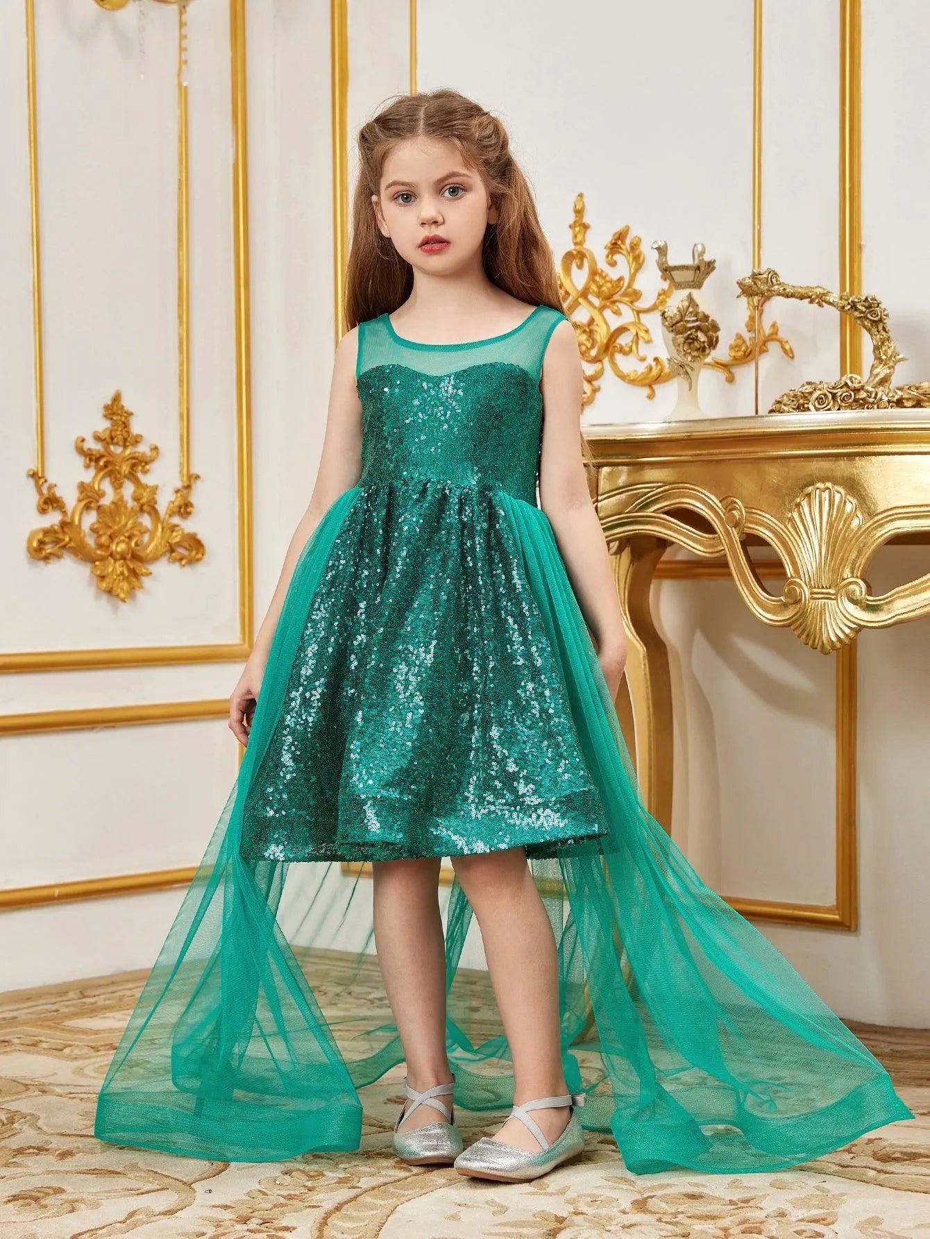 Tween Girls' Sleeveless Contrast Mesh Sequin Party Dress - Elonnashop