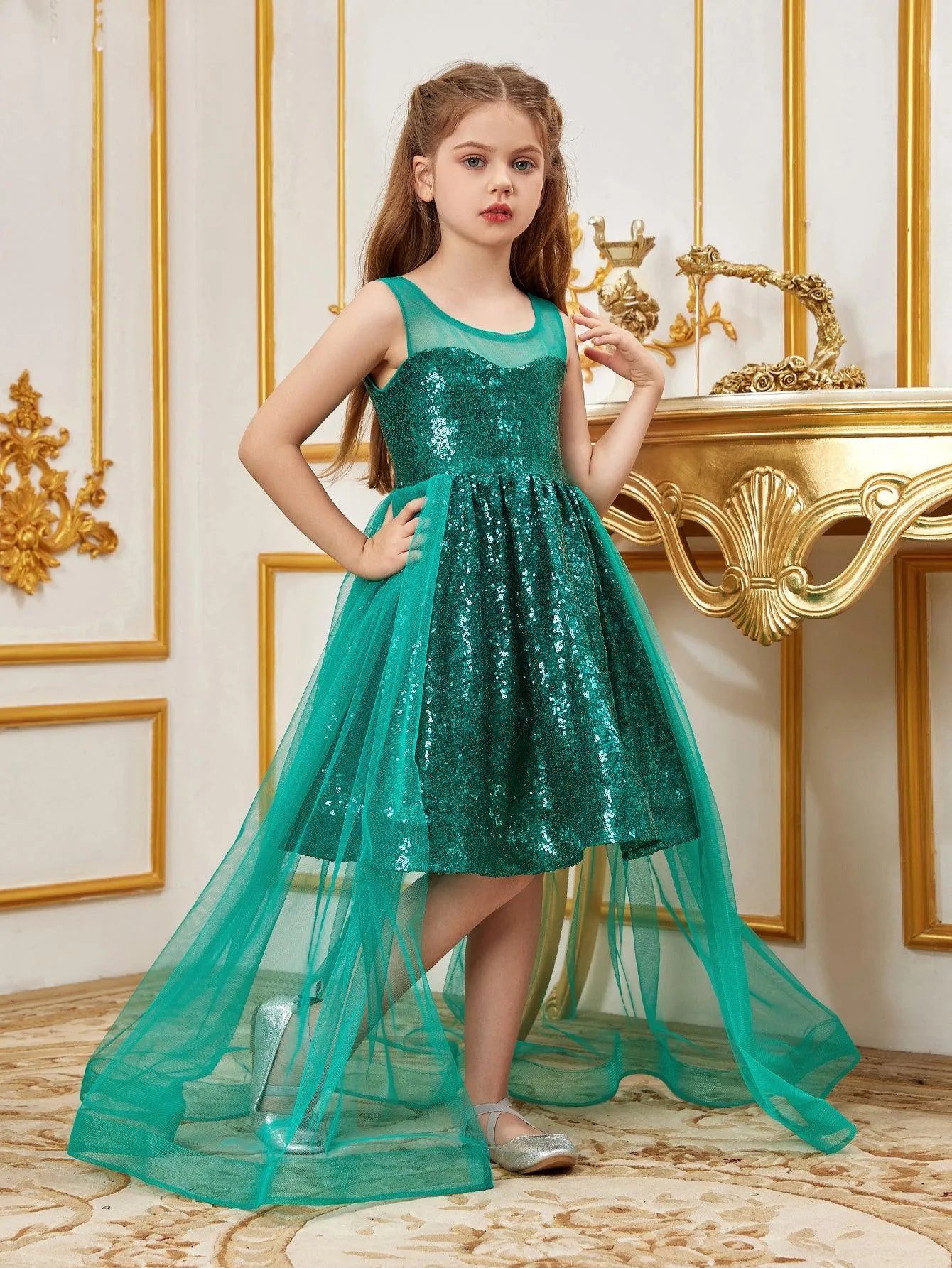 Tween Girls' Sleeveless Contrast Mesh Sequin Party Dress - Elonnashop