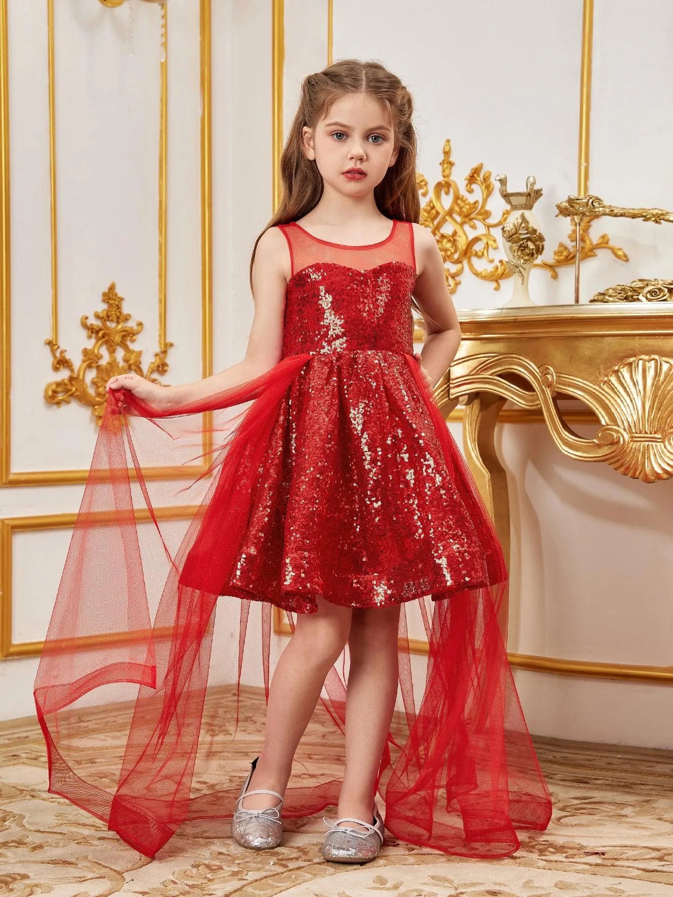 Tween Girls' Sleeveless Contrast Mesh Sequin Party Dress - Elonnashop