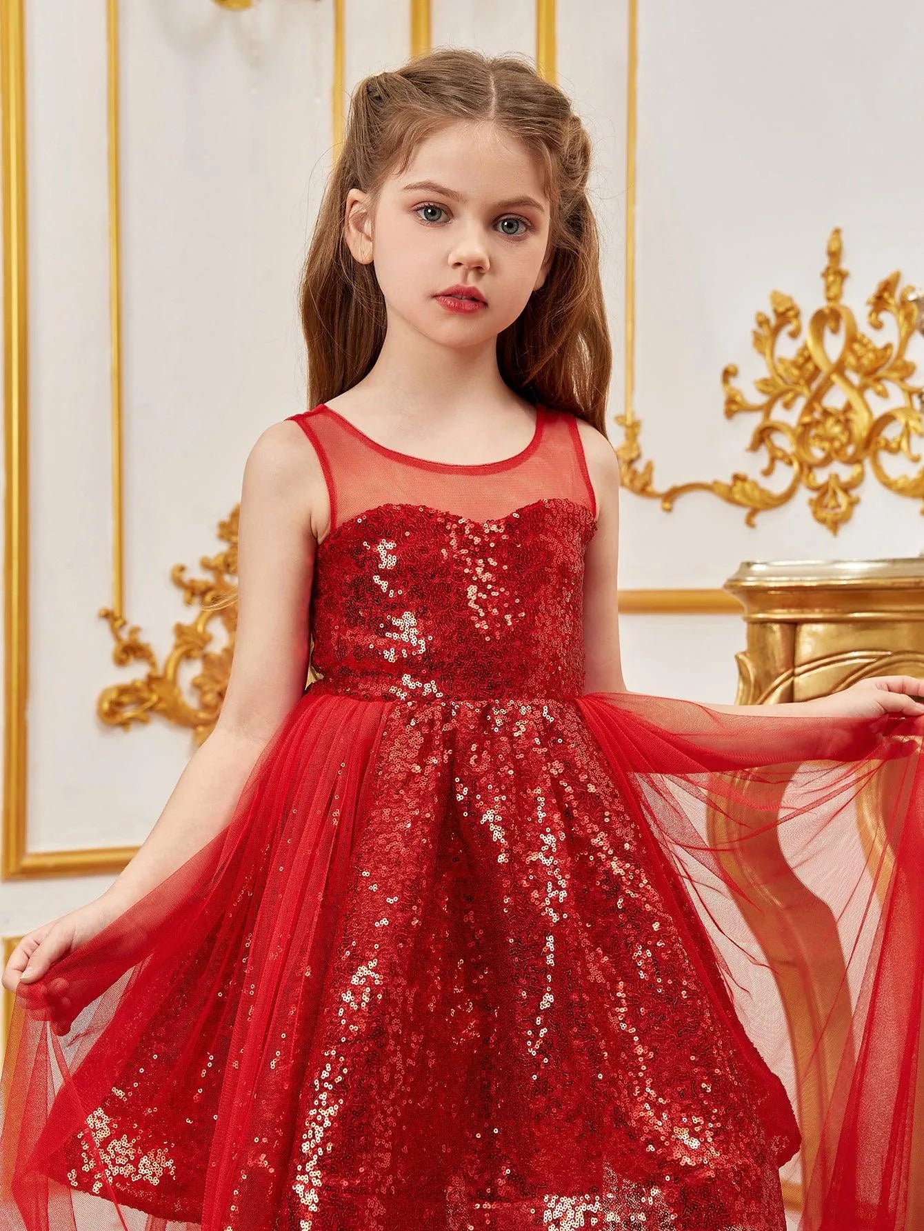 Tween Girls' Sleeveless Contrast Mesh Sequin Party Dress - Elonnashop