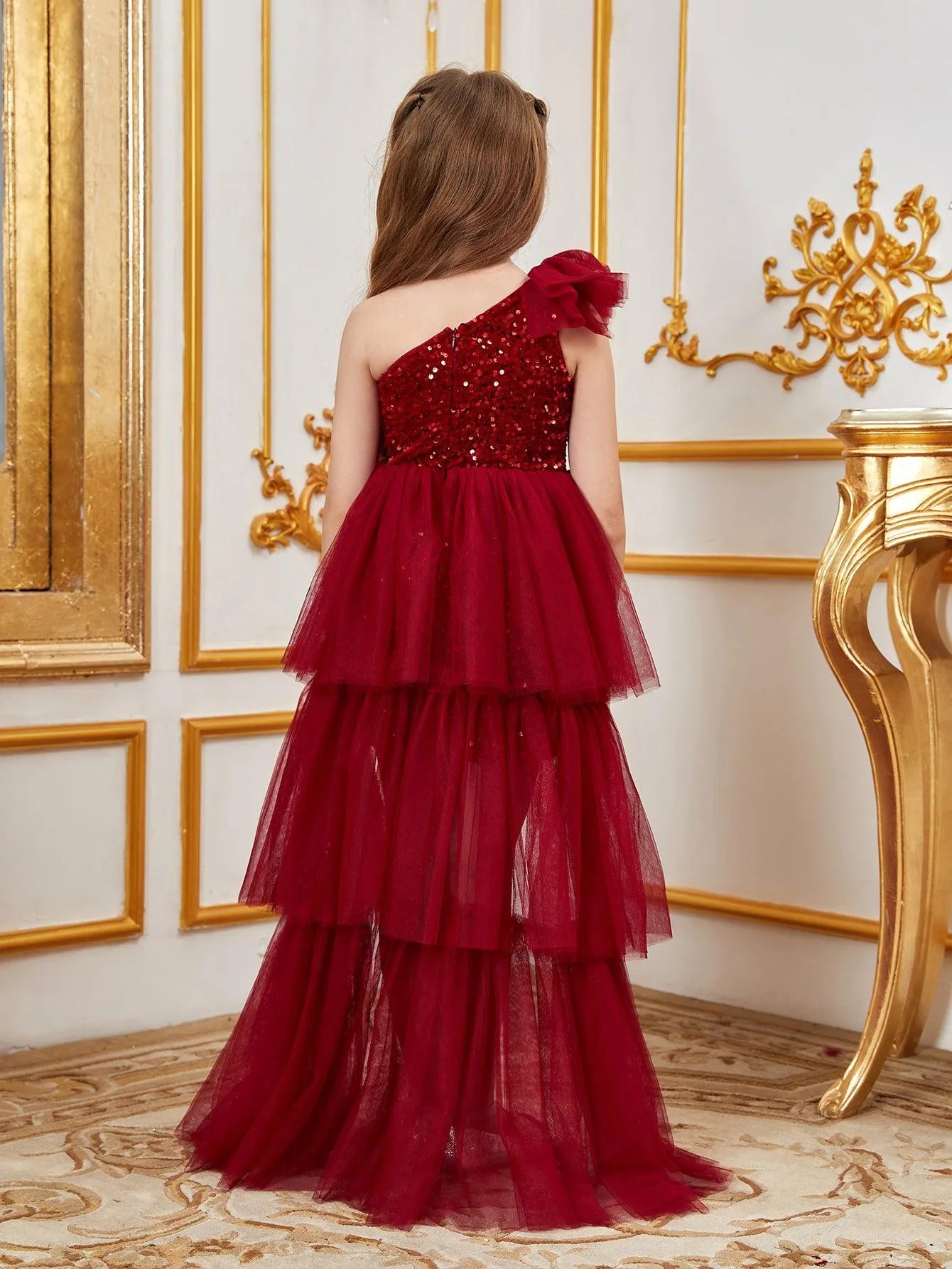 Tween Girls' One Shoulder Mesh Layered Hem Sequin Dress - Elonnashop