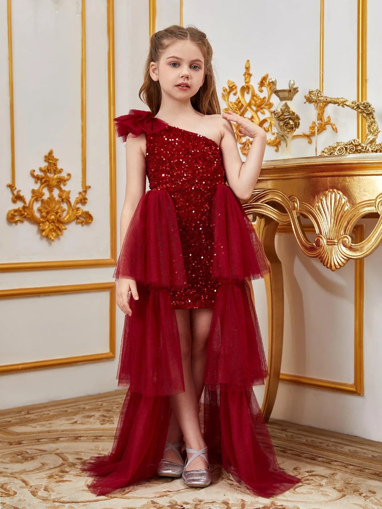 Tween Girls' One Shoulder Mesh Layered Hem Sequin Dress - Elonnashop