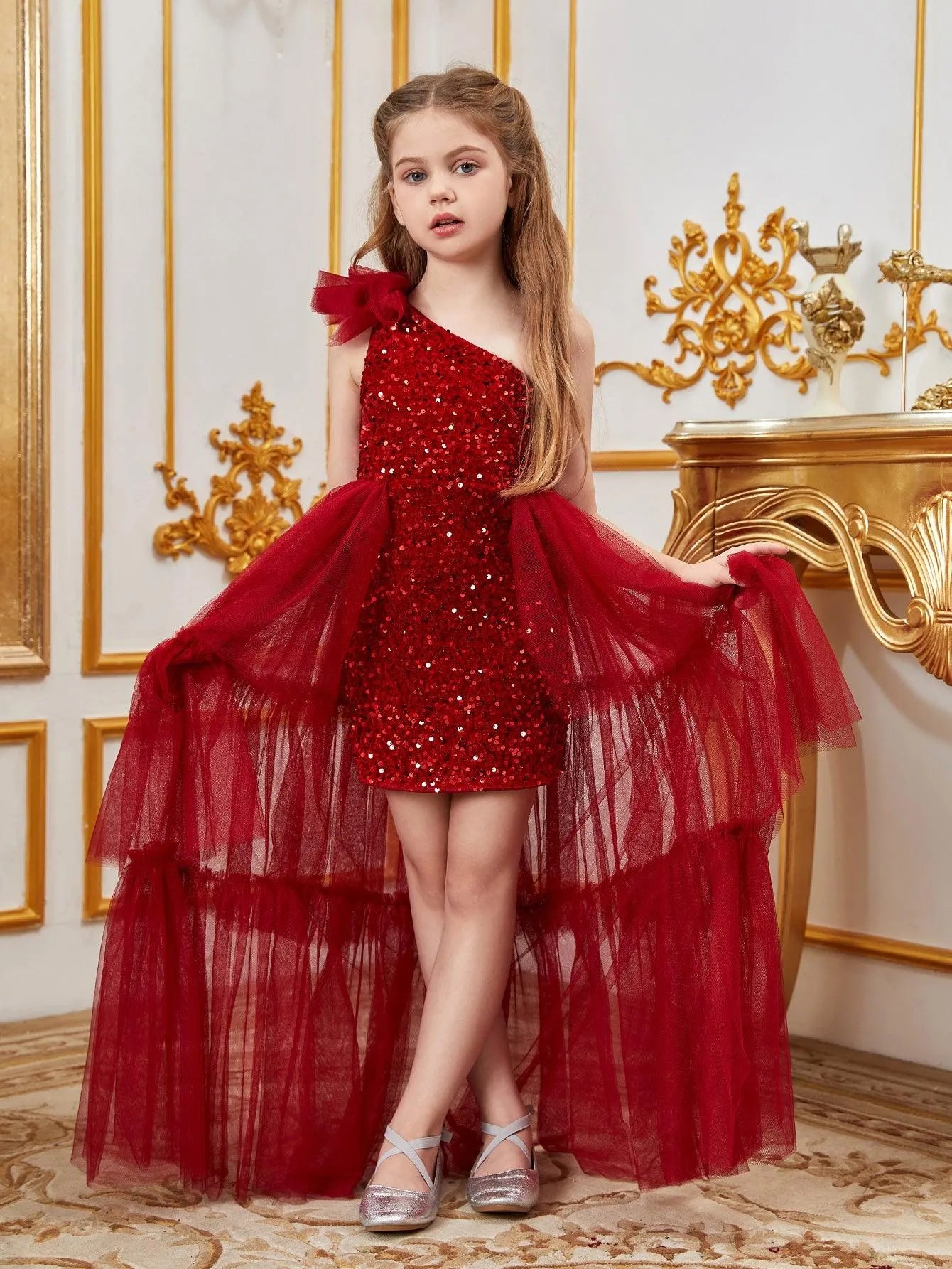 Tween Girls' One Shoulder Mesh Layered Hem Sequin Dress - Elonnashop