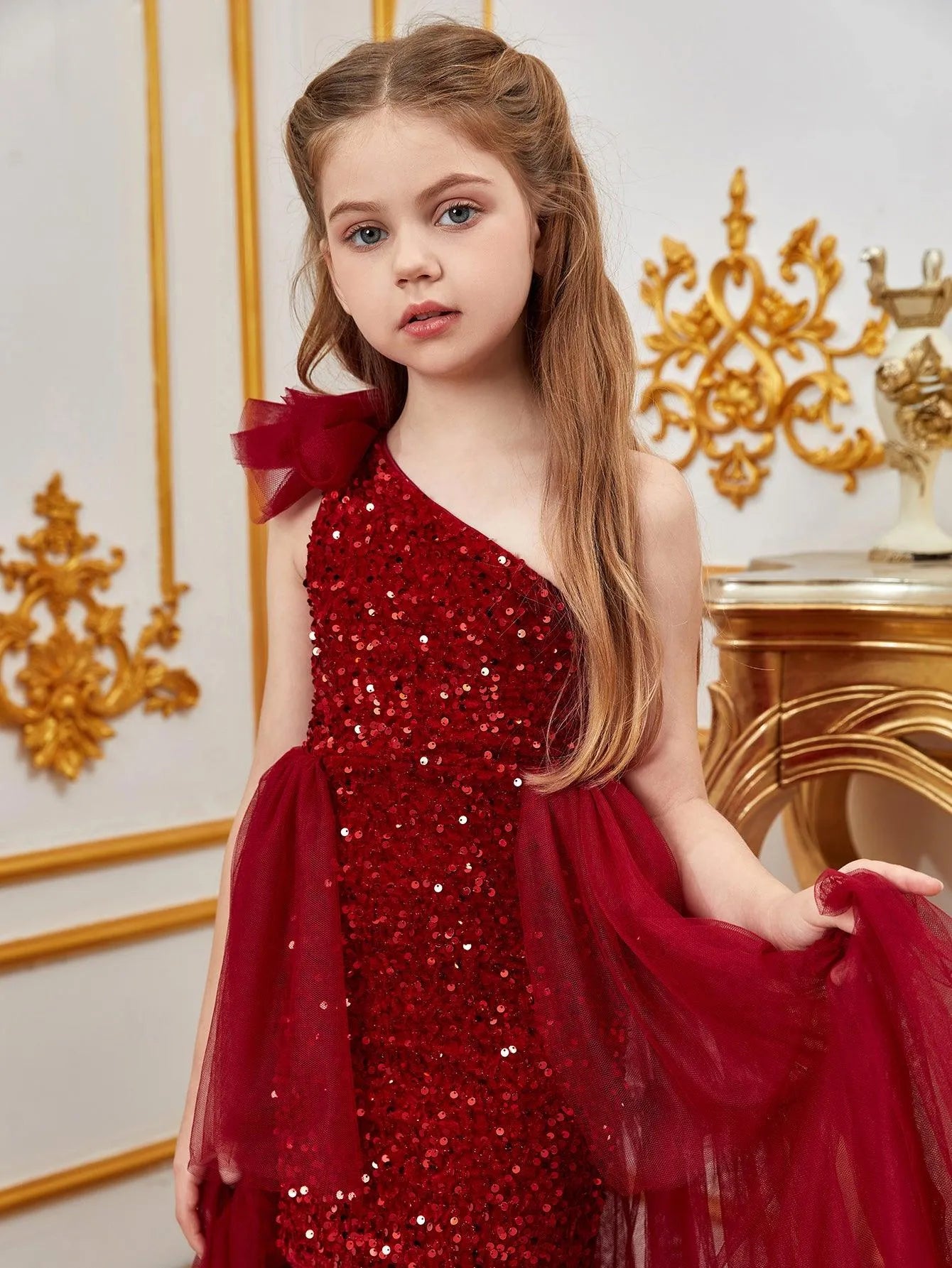 Tween Girls' One Shoulder Mesh Layered Hem Sequin Dress - Elonnashop