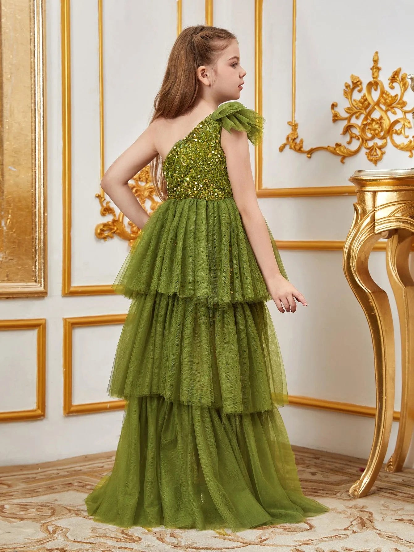 Tween Girls' One Shoulder Mesh Layered Hem Sequin Dress - Elonnashop