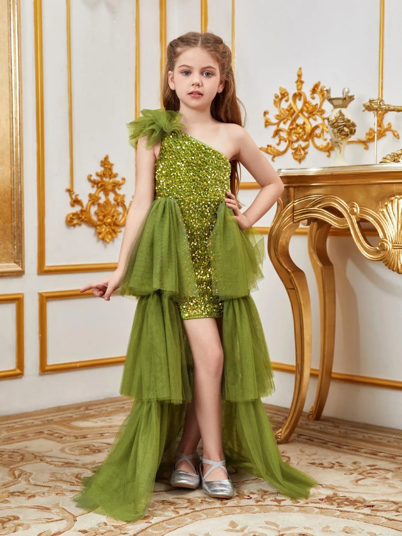 Tween Girls' One Shoulder Mesh Layered Hem Sequin Dress - Elonnashop