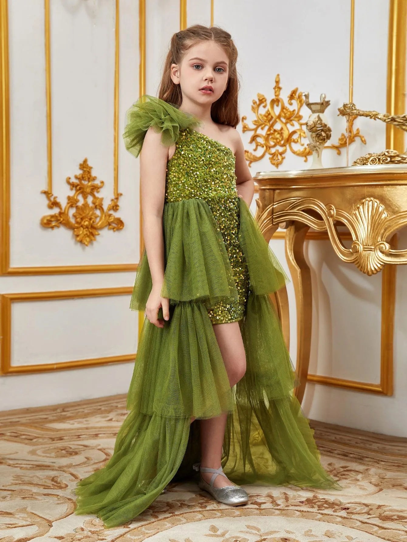 Tween Girls' One Shoulder Mesh Layered Hem Sequin Dress - Elonnashop