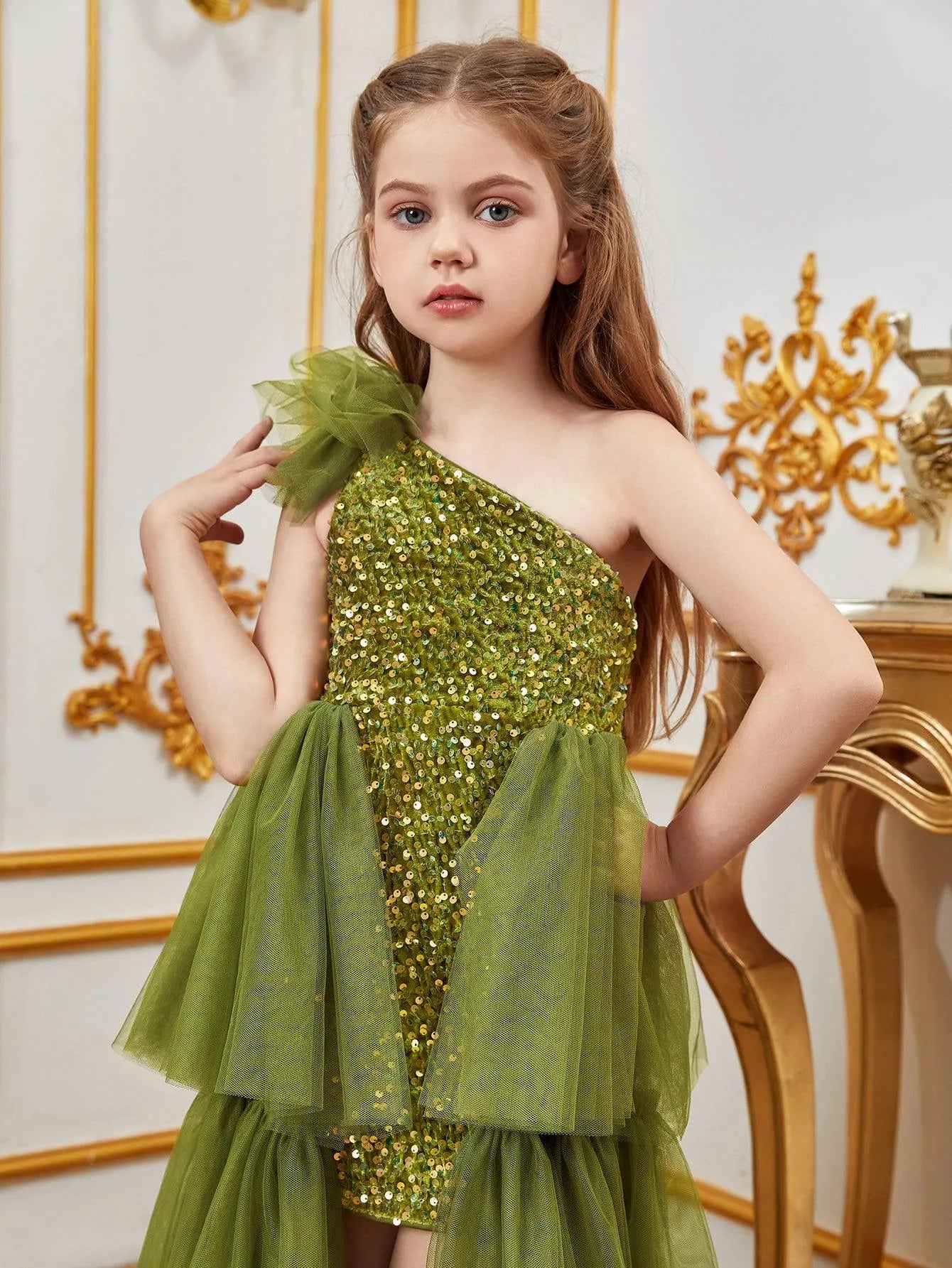 Tween Girls' One Shoulder Mesh Layered Hem Sequin Dress - Elonnashop