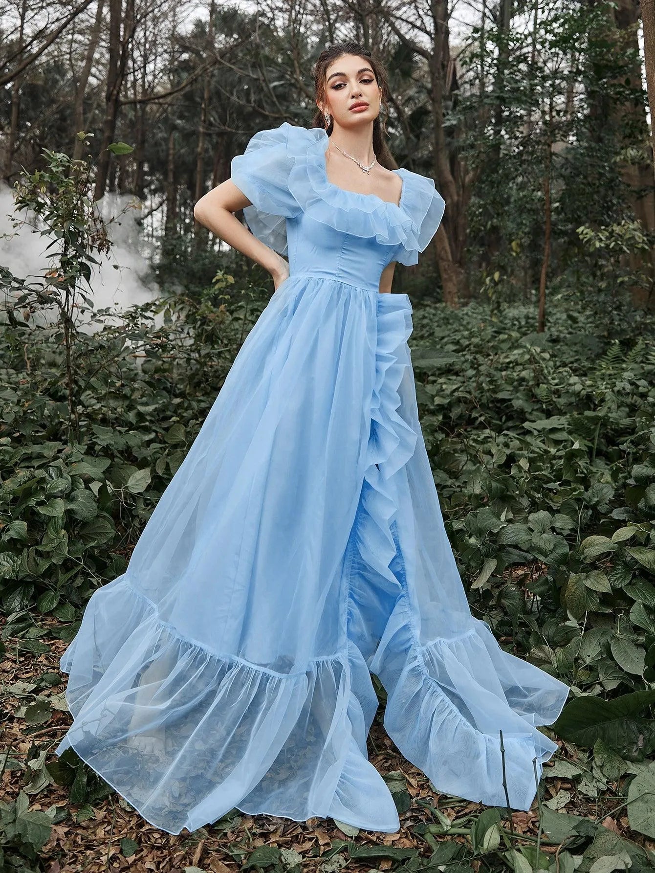 Elegant Ruffle Trim Puff Sleeves Organza Dress - Elonnashop