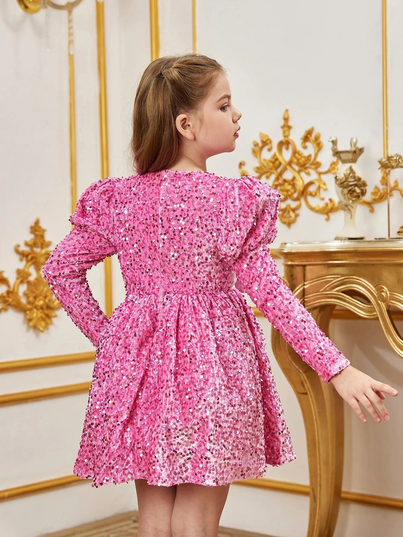 Tween Girls' Gigot Sleeve Bow Decor Sequin Midi Dress - Elonnashop