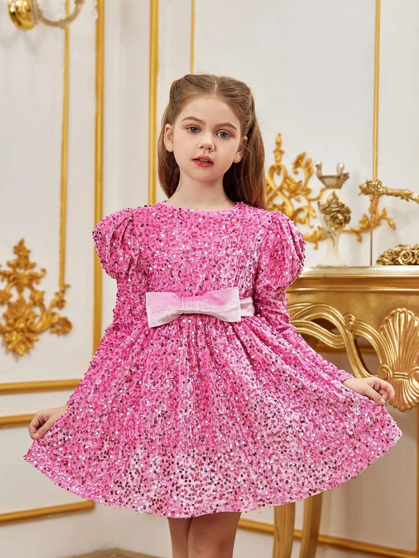 Tween Girls' Gigot Sleeve Bow Decor Sequin Midi Dress - Elonnashop