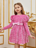 Tween Girls' Gigot Sleeve Bow Decor Sequin Midi Dress - Elonnashop