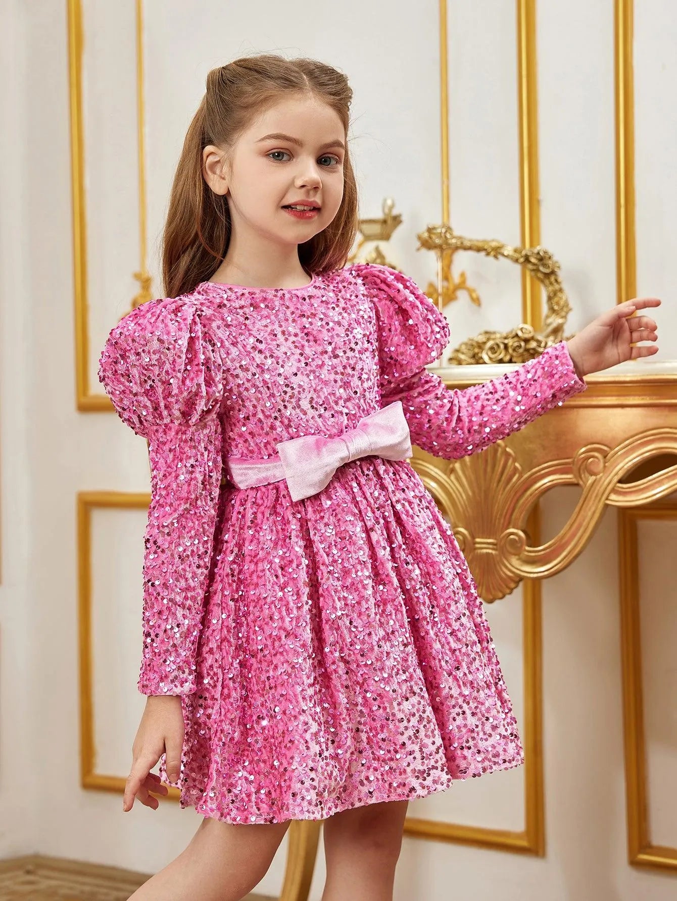 Tween Girls' Gigot Sleeve Bow Decor Sequin Midi Dress - Elonnashop