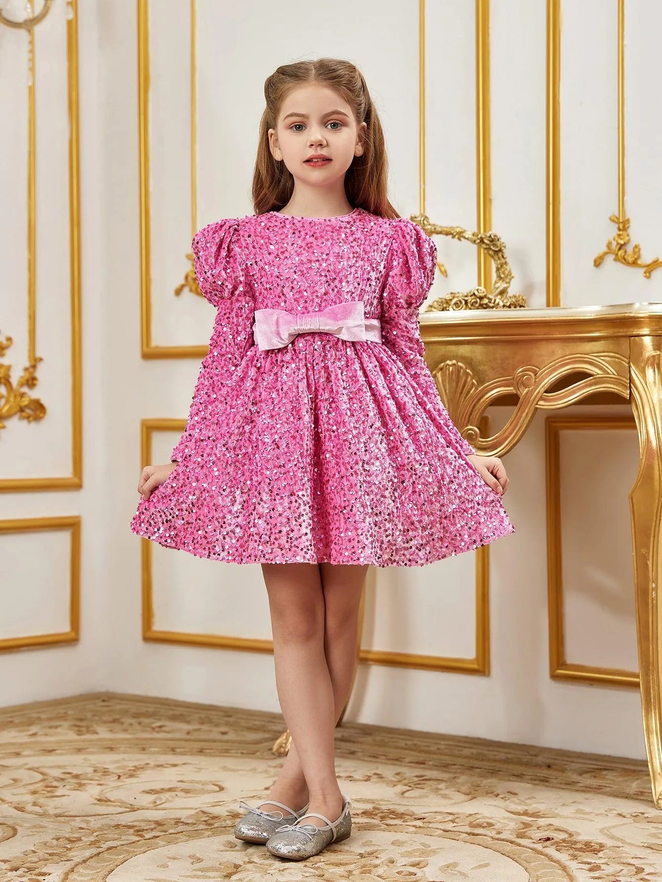Tween Girls' Gigot Sleeve Bow Decor Sequin Midi Dress - Elonnashop