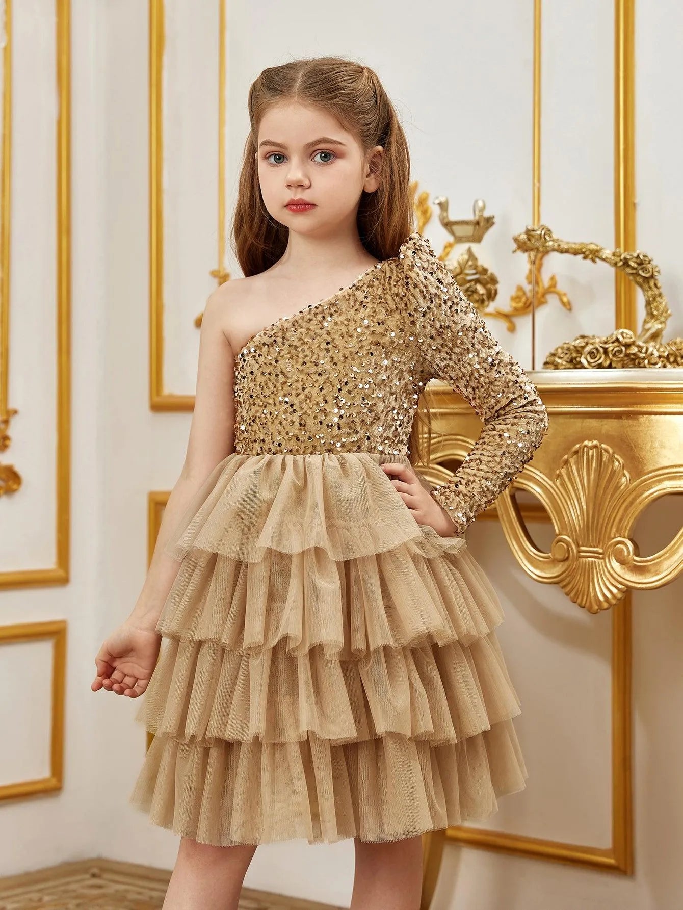 Tween Girls' One Shoulder Mesh Lyaered Hem Party Dress - Elonnashop