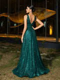Elegant V Neck Sleeveless A Line Sequin Party Dress