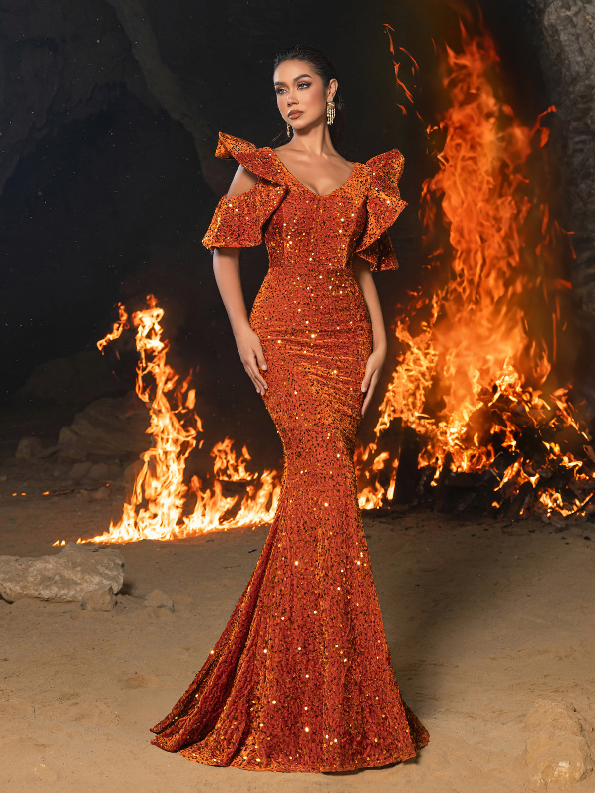 Gorgeous Maxi Sequin Flutter Sleeves Mermaid Evening Dress