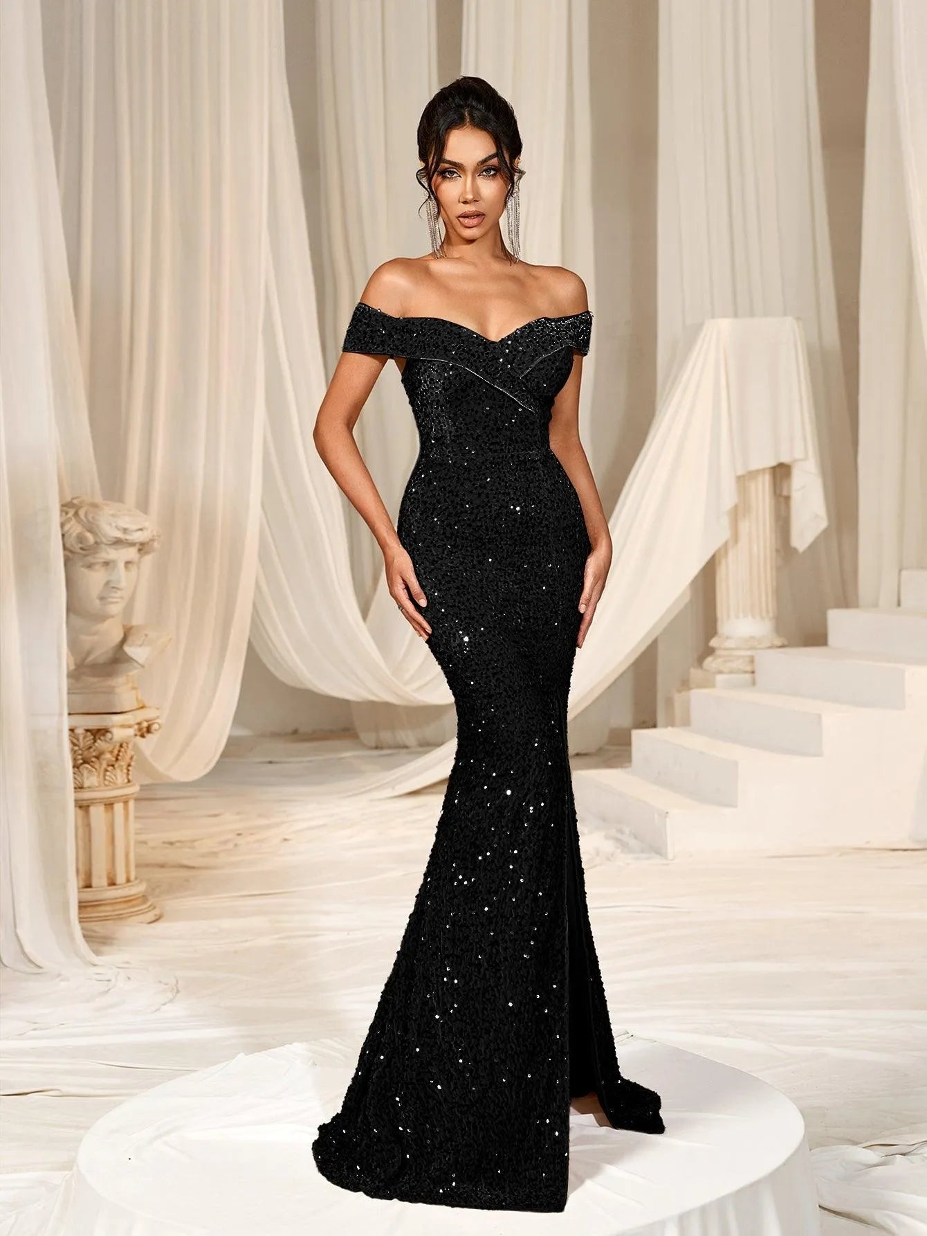 Elegant Off Shoulder Split Sequin Mermaid Dress - Elonnashop
