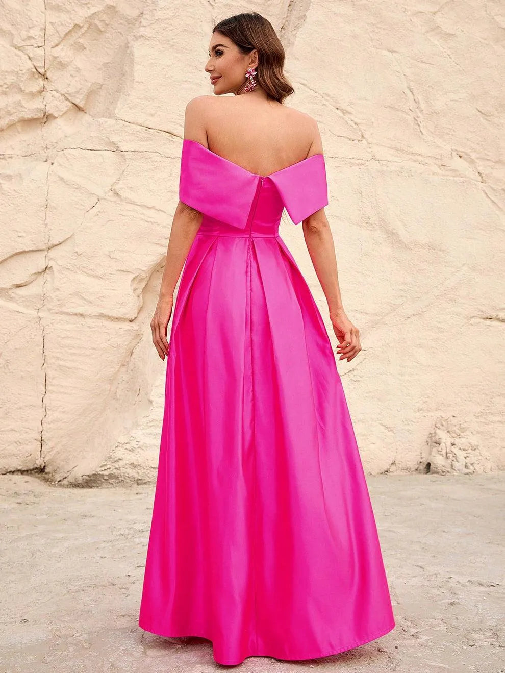 Off Shoulder Fold Pleated Detail Satin A Line Dress - Elonnashop