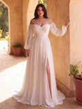 Plus Off Shoulder Lantern Sleeves Chiffon Wedding Dress