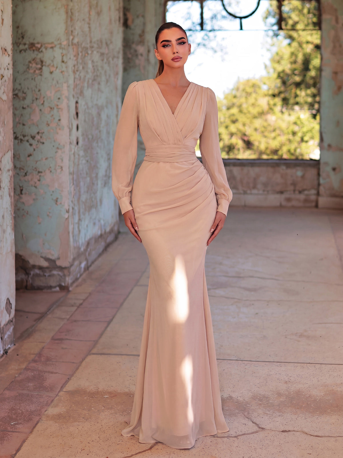 Surplice Neck Lantern Sleeve Chiffon Mermaid Dress