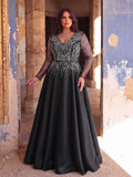 Plus Size Deep V-Neck Sequin Illusion Evening Gown - Satin Formal Dress with Long Sleeves & A-Line Skirt