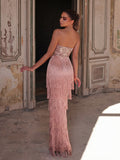 Sparkling Sequin & Fringe Maxi Dress | Strapless Sweetheart Neckline, High Side Slit, Open Back | Glam Evening Gown for Parties, Galas, Prom