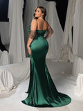 Plus Luxury Off-Shoulder Satin Evening Gown - Beaded Fringe Mermaid Dress with Thigh Slit