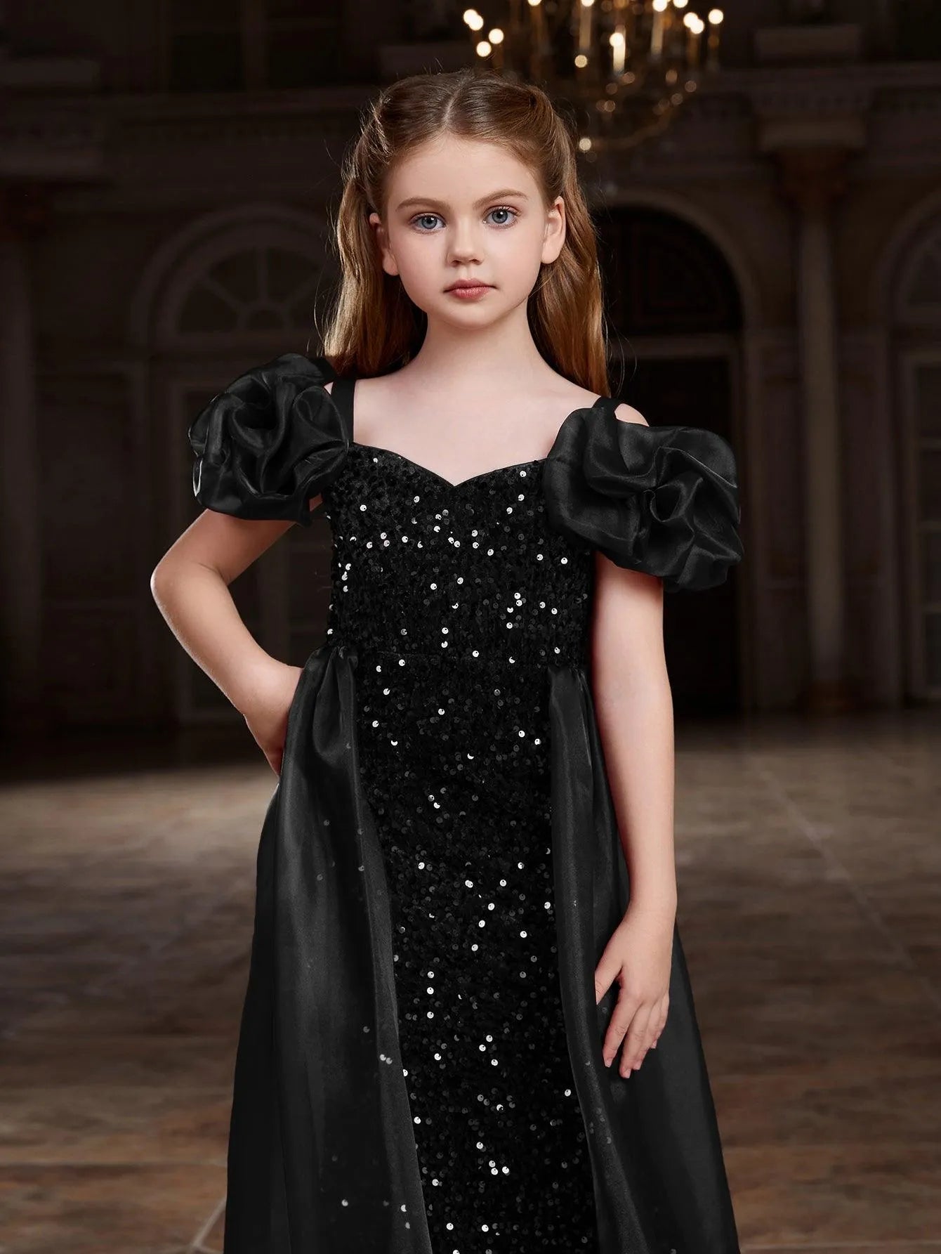 Tween Girls' Sweetheart Collar Mesh Overlay Sequin Mermaid Dress - Elonnashop