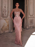 Sparkling Sequin & Fringe Maxi Dress | Strapless Sweetheart Neckline, High Side Slit, Open Back | Glam Evening Gown for Parties, Galas, Prom